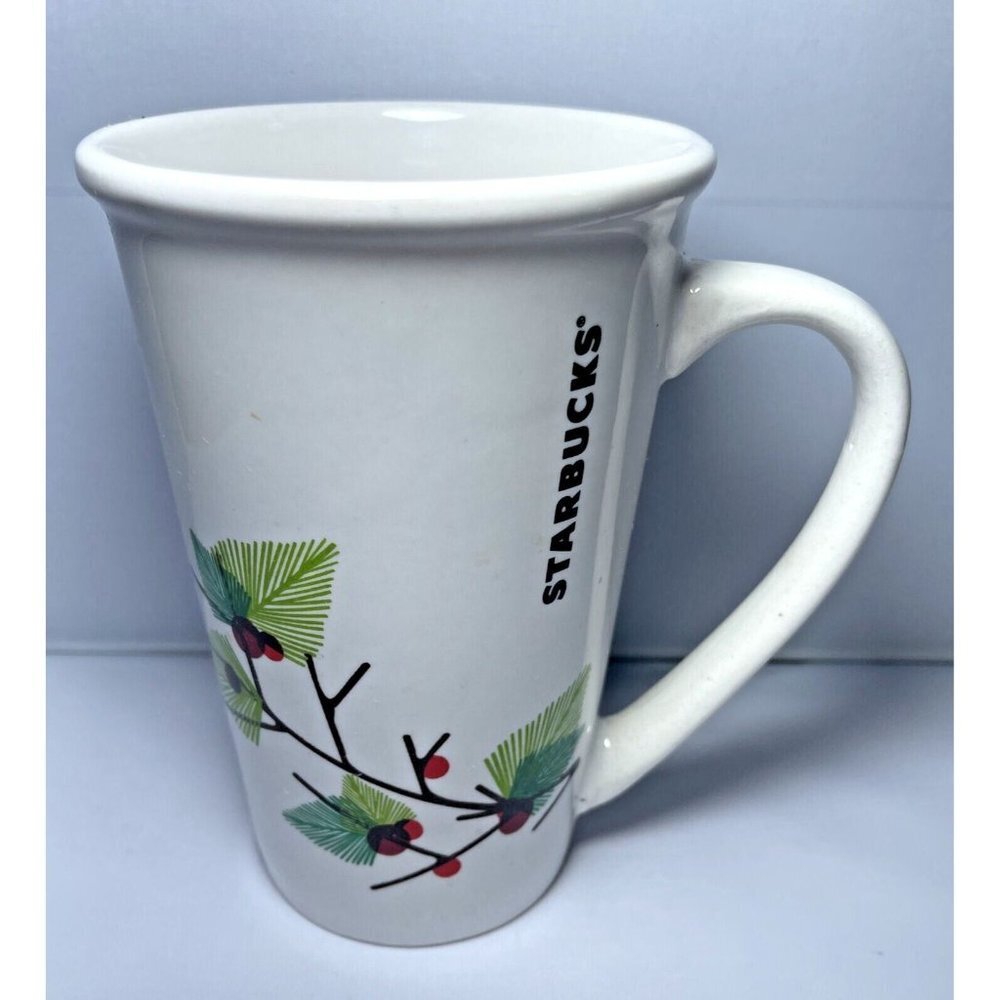 2011 Starbucks Holiday Coffee Tea Mug Tall 21 Oz Pine Holly Berry‎ Logo White